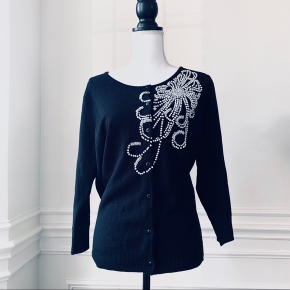 SEVENTH AVENUE BLACK KNIT CARDIGAN SWEATER WITH PEARL DESIGN - Picture 10 of 10